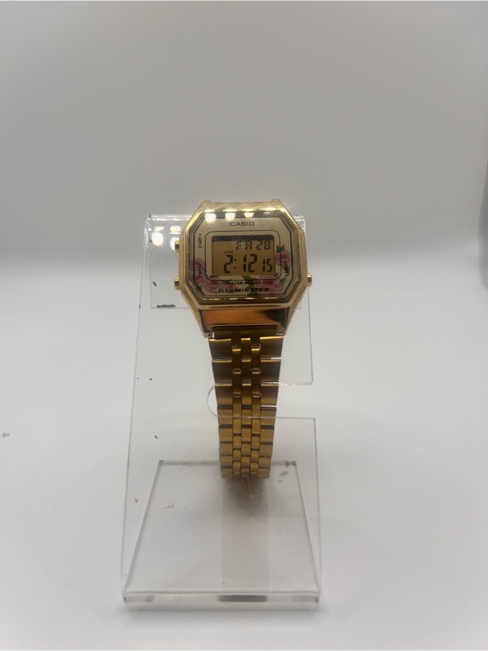 Casio Gold Digital retro Watch with Floral Dial Accents